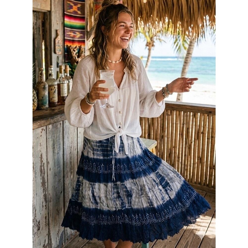 Boho Blue Tie Dye Tiered Crinkle Gauze Maxi Skirt Travel Beach Resort Packable M